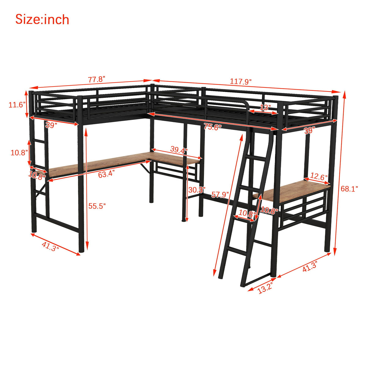 Twin Loft Bed with 2 Built-In Desks, Mission Style, black metal by HouseOfZazla on Tampa Home & Garden Store