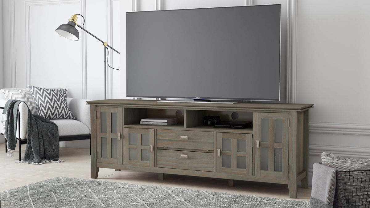 Artisan solid wood TV stand with flip drawer, gray finish, glass-front doors HouseOfZazla on Tampa Home & Garden Store