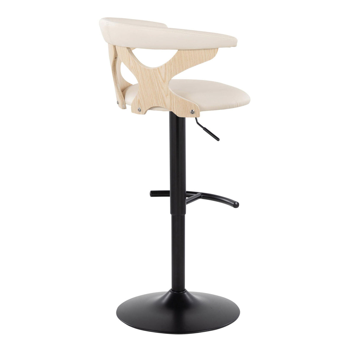 Contemporary adjustable barstool with swivel, beige seat, curved wood frame and T footrest on Tampa Home & Garden Store
