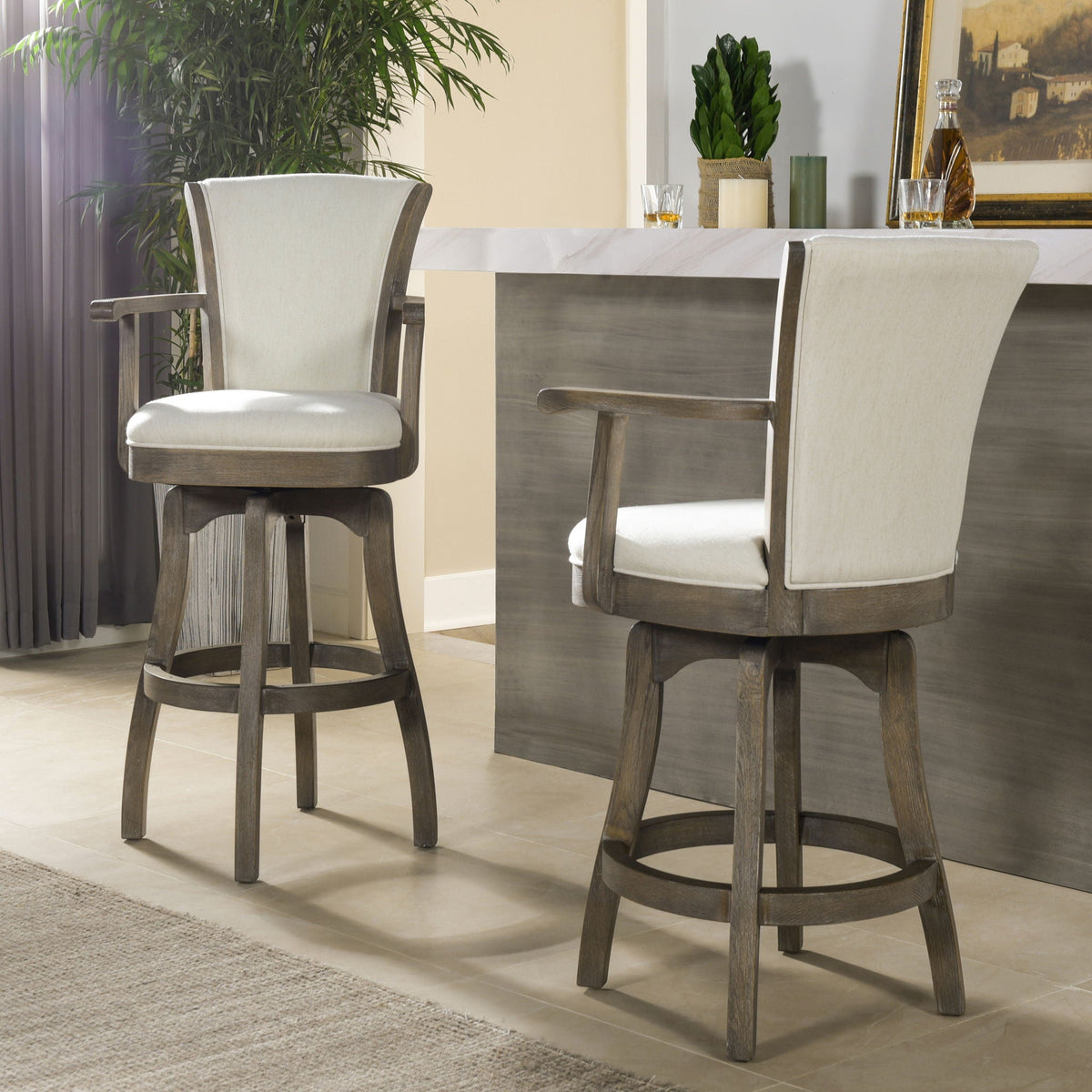 2 swivel counter-height bar stools with high back in dark wood and cream upholstery on Tampa Home & Garden Store