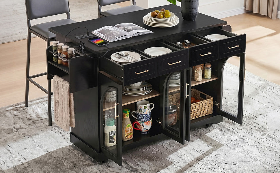 K&K 65-inch Kitchen Island with Storage & Drop Leaf HouseOfZazla, black island with drawers on Tampa Home & Garden Store