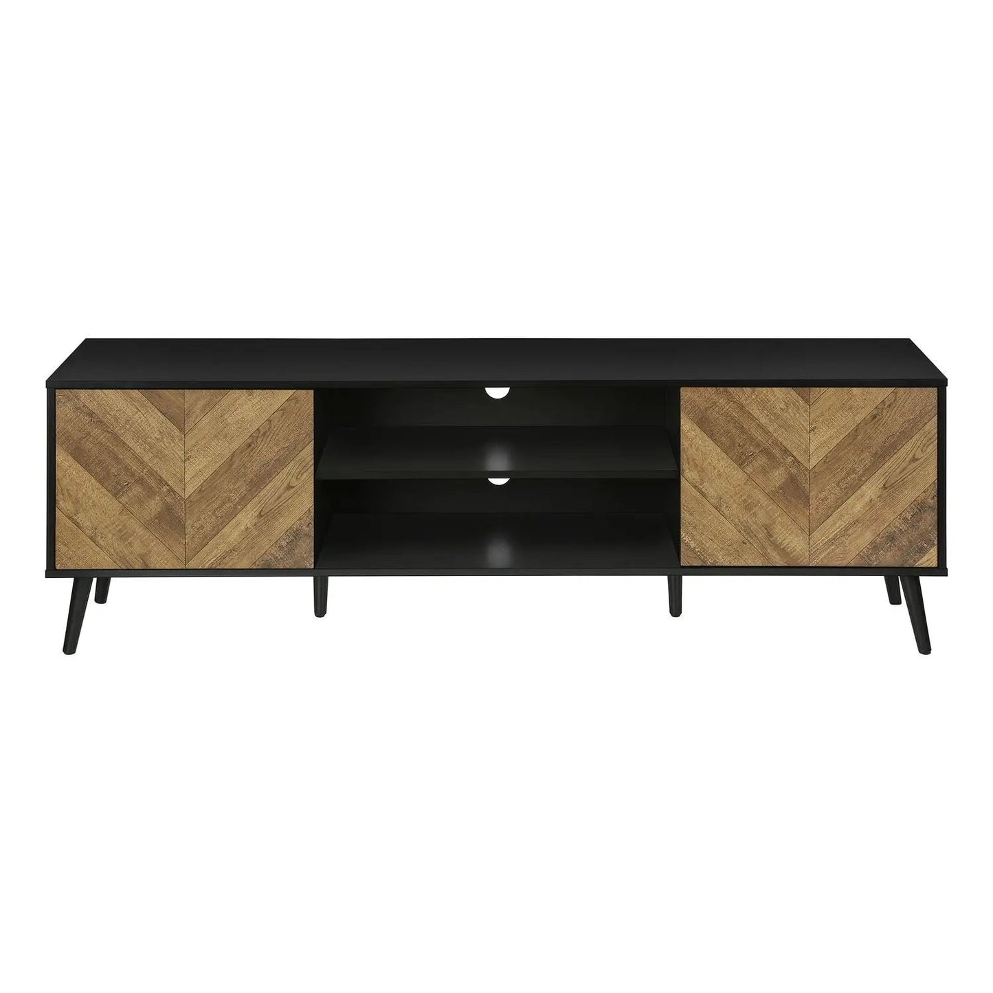 TV stand console in black with chevron wood end doors and open center shelves on Tampa Home & Garden Store
