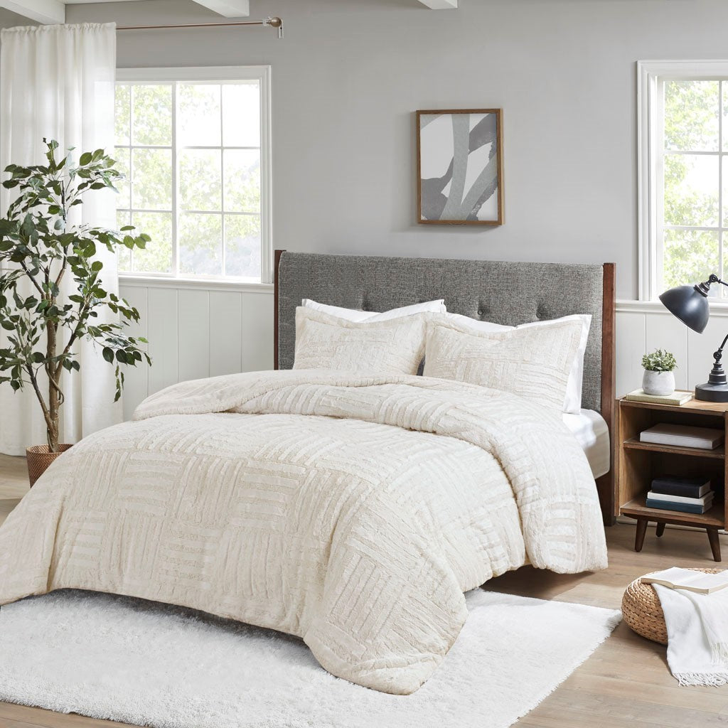 Full/Queen Fur Down Alternative Comforter Mini Set by HouseOfZazla, ivory quilted plush bedding on Tampa Home & Garden Store
