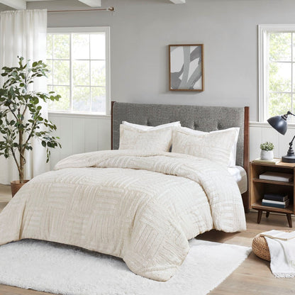 Full/Queen Fur Down Alternative Comforter Mini Set by HouseOfZazla, ivory quilted plush bedding on Tampa Home & Garden Store