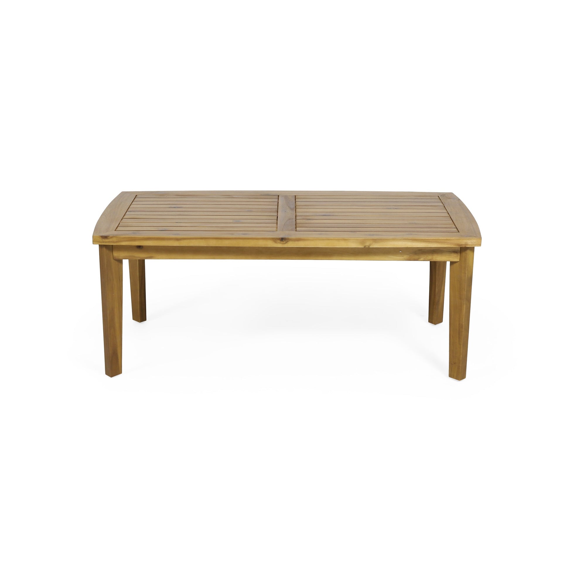 Outdoor acacia wood coffee table with slatted top and rounded edges in natural finish on Tampa Home & Garden Store