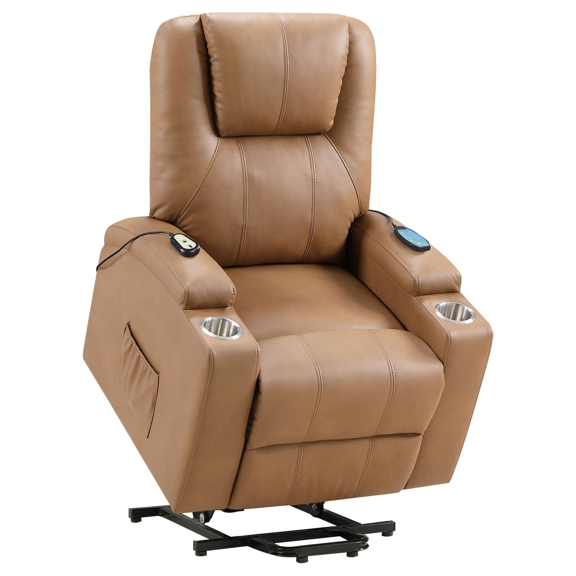 Macklin power lift massage recliner with heat in tan leather, dual cupholders, remotes on arm on Tampa Home & Garden Store
