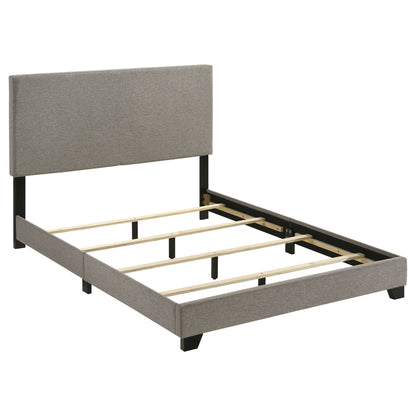 Efram Panel Bed by HouseOfZazla, upholstered grey headboard, black metal frame, wooden slats on Tampa Home & Garden Store