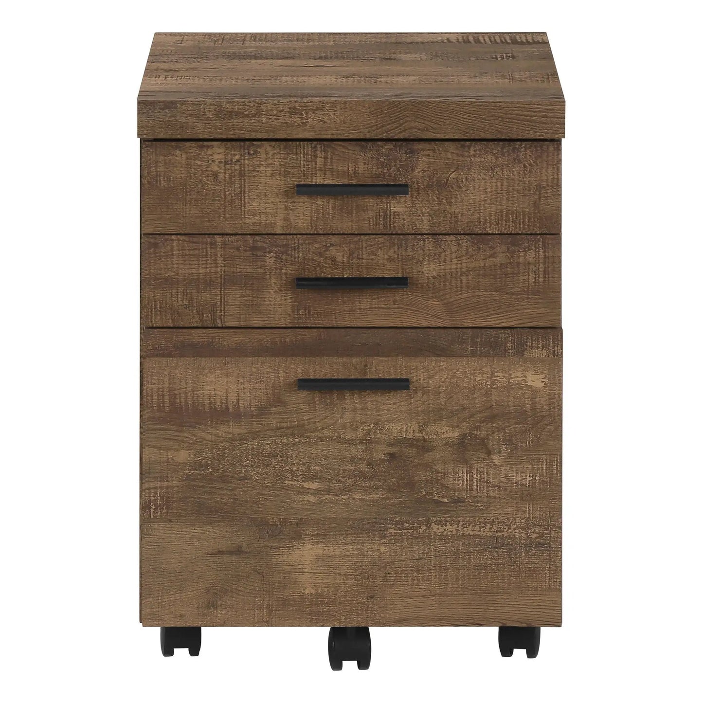 File cabinet rolling storage drawers in dark wood finish with grain and black pulls on Tampa Home & Garden Store