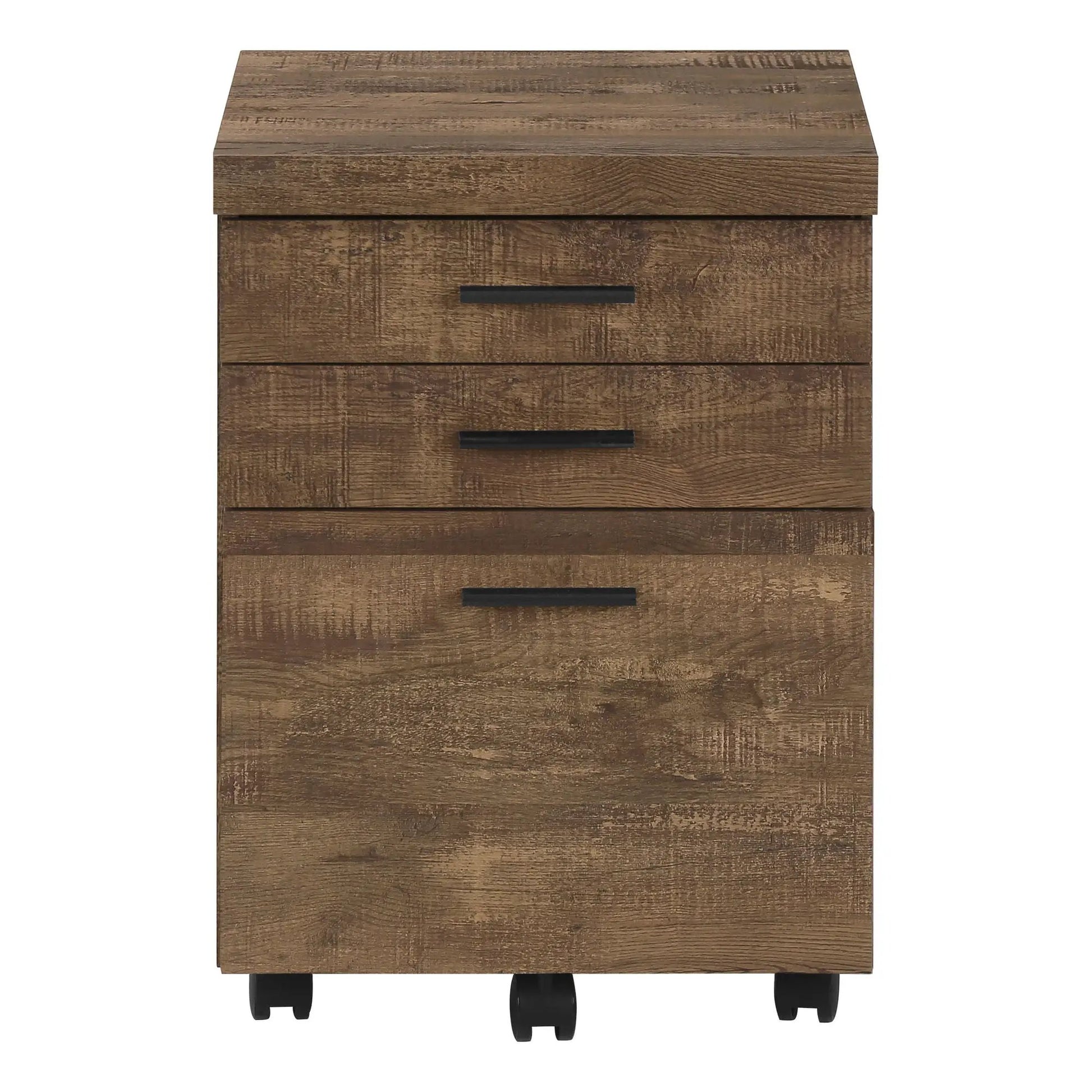 File cabinet rolling storage drawers in dark wood finish with grain and black pulls on Tampa Home & Garden Store