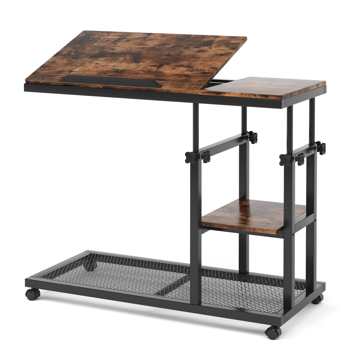 C-Shaped end table with tilting brown wood top, black metal frame, lower wire shelf and caster wheels on Tampa Home & Garden Store