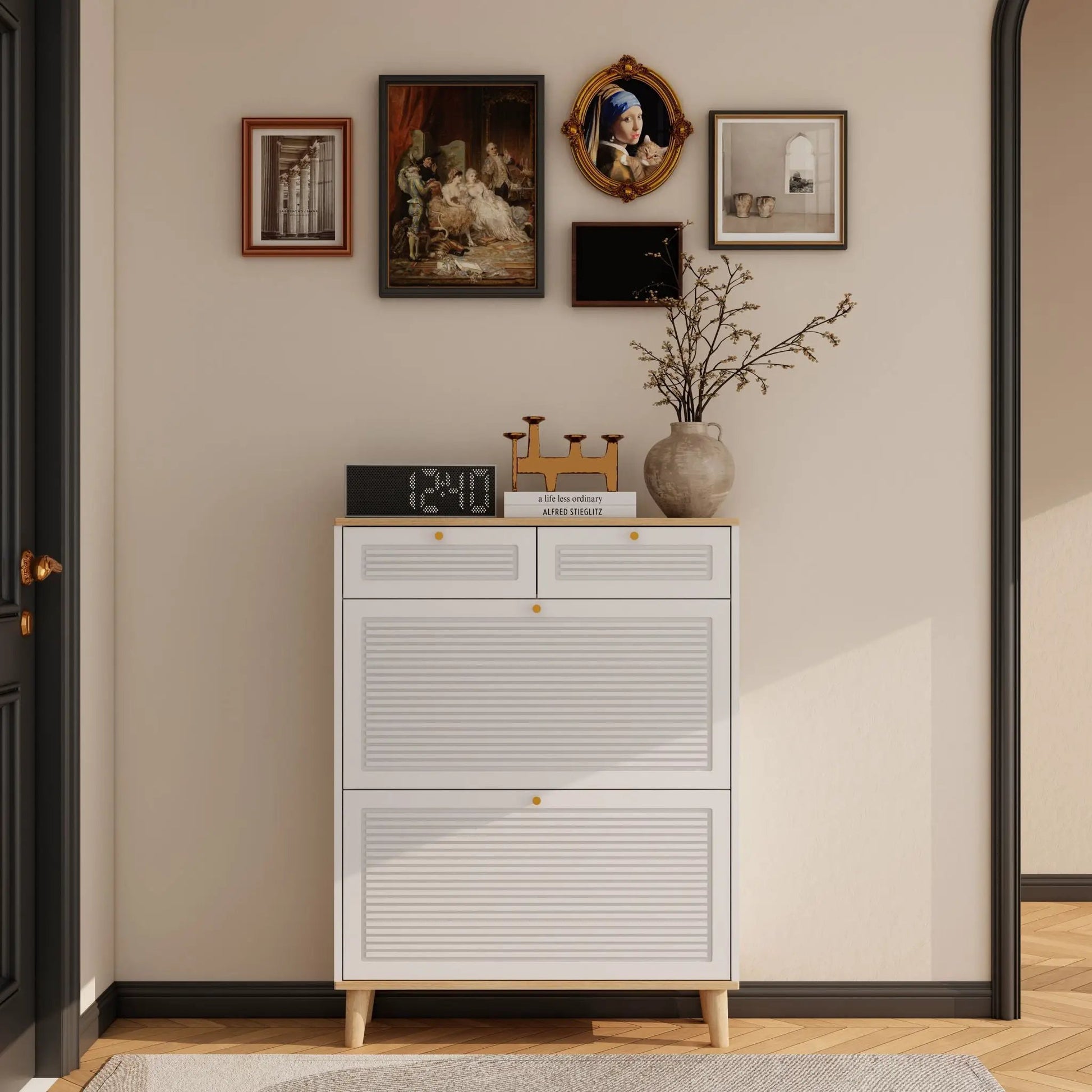 Modern freestanding shoe cabinet with flip-up doors and drawers, white natural wooden legs on Tampa Home & Garden Store