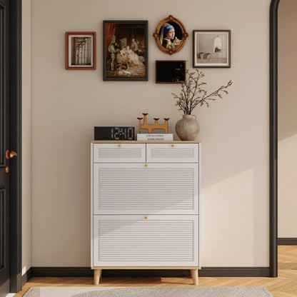 Modern freestanding shoe cabinet with flip-up doors and drawers, white natural wooden legs on Tampa Home & Garden Store