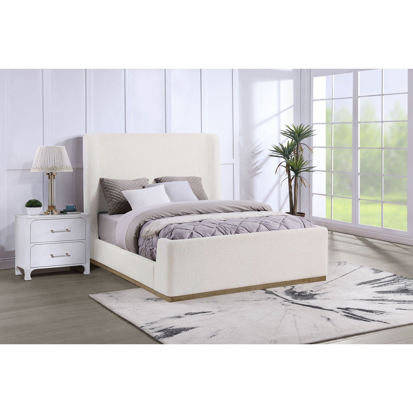Vindra Queen Sleigh Bed Cream by HouseOfZazla, cream upholstered bed with plush headboard on Tampa Home & Garden Store