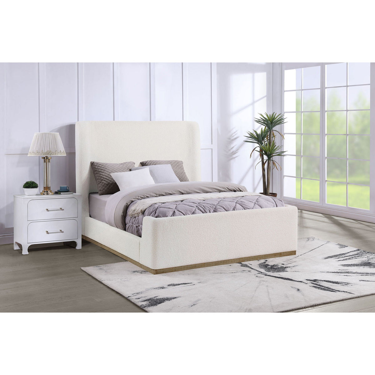 Vindra Queen Sleigh Bed Cream by HouseOfZazla, cream upholstered bed with plush headboard on Tampa Home & Garden Store