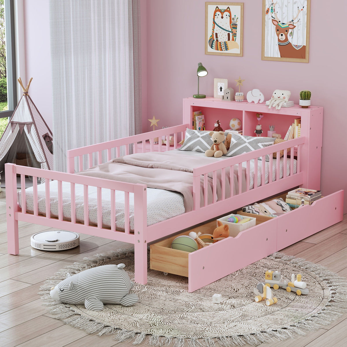 Bed with headboard storage rack, pink finish, 3 side guardrails and 2 under-bed drawers on Tampa Home & Garden Store