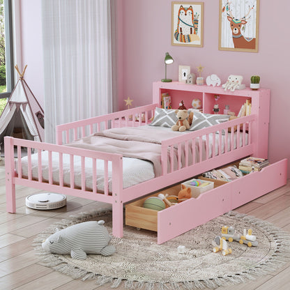 Bed with headboard storage rack, pink finish, 3 side guardrails and 2 under-bed drawers on Tampa Home & Garden Store