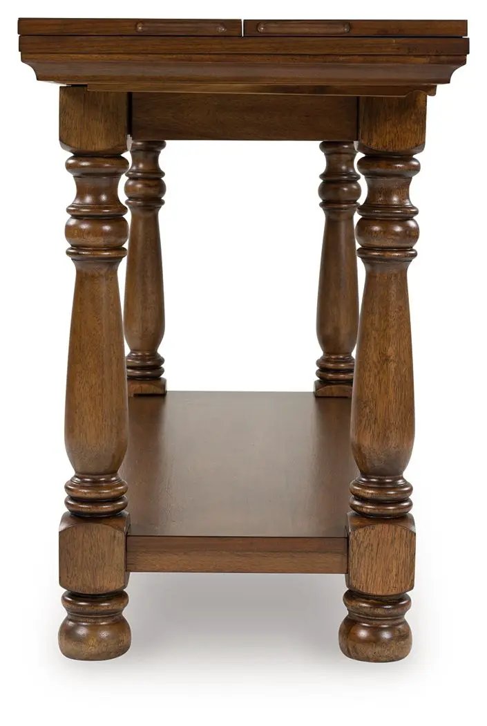 Sturlayne flip-top sofa table brown wood with four turned legs and lower shelf on Tampa Home & Garden Store