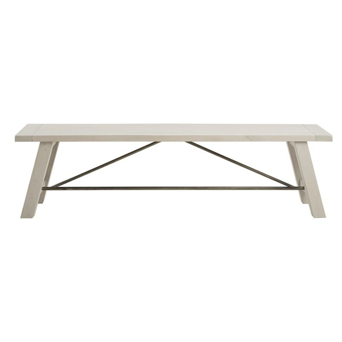 Solid wood dining bench with light finish and black metal X-stretchers on Tampa Home & Garden Store