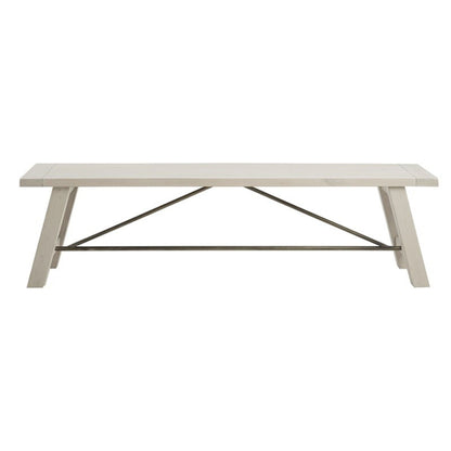 Solid wood dining bench with light finish and black metal X-stretchers on Tampa Home & Garden Store