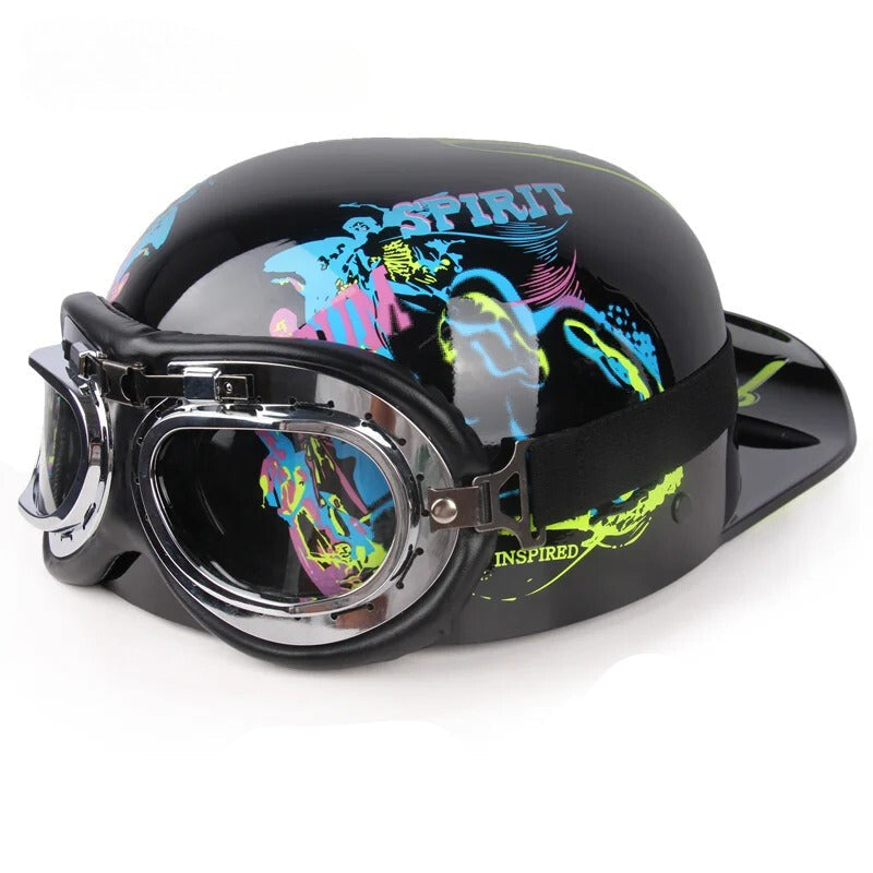 Vintage Half Motorcycle Helmet by BikerZoneZ with black shell and goggles on Tampa Home & Garden Store