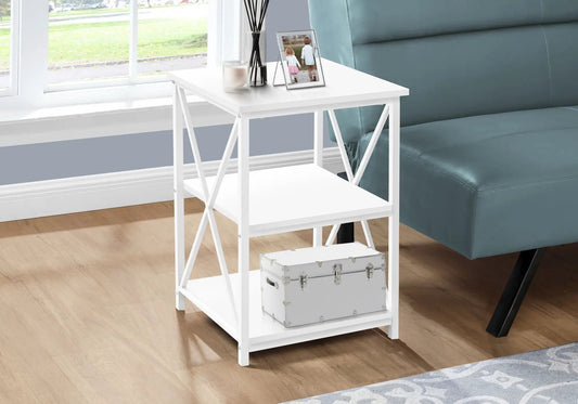 White 3-tier accent table by Unique Piece Furniture, metal frame, candle and photo frame on Tampa Home & Garden Store