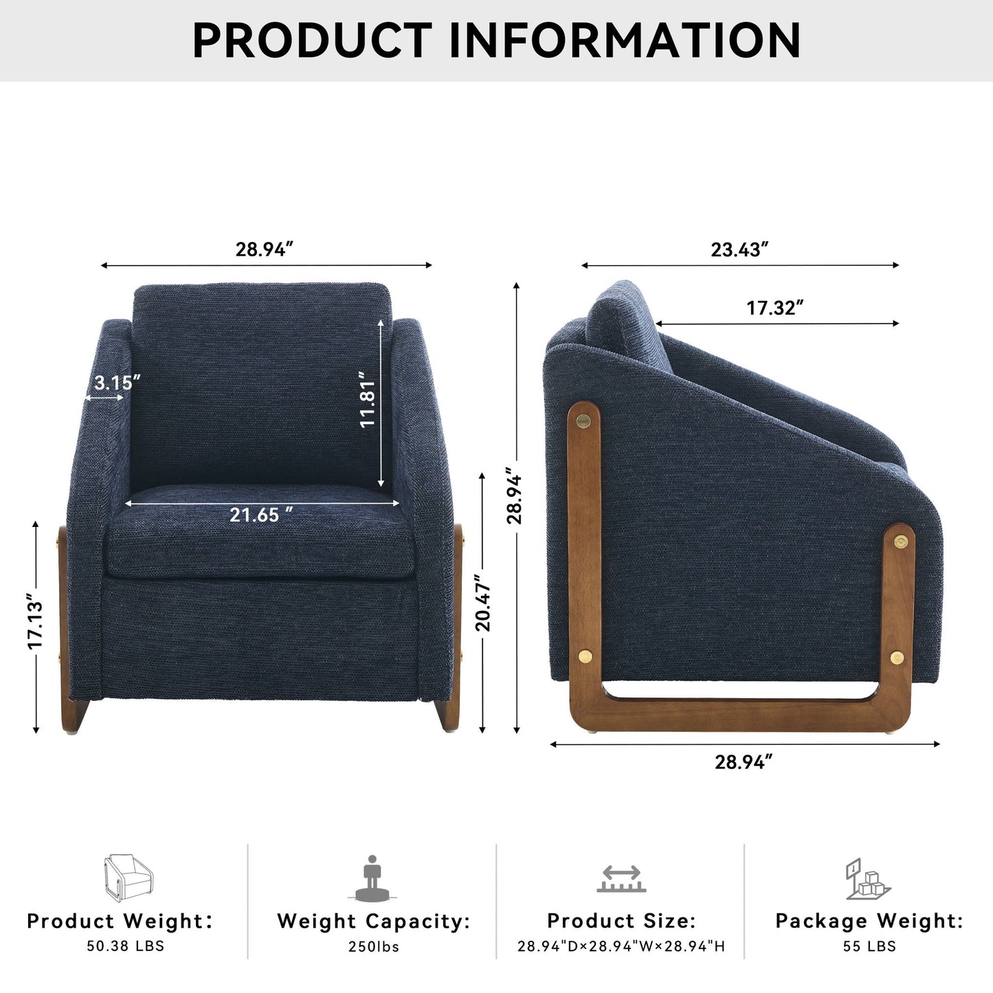 Pair of modern upholstered armchairs with wooden side frames in dark blue by HouseOfZazla on Tampa Home & Garden Store