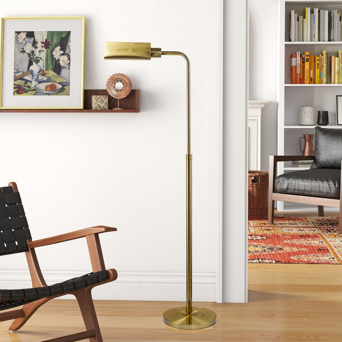 Elara floor lamp gold with curved brass neck and rectangular shade by HouseOfZazla on Tampa Home & Garden Store