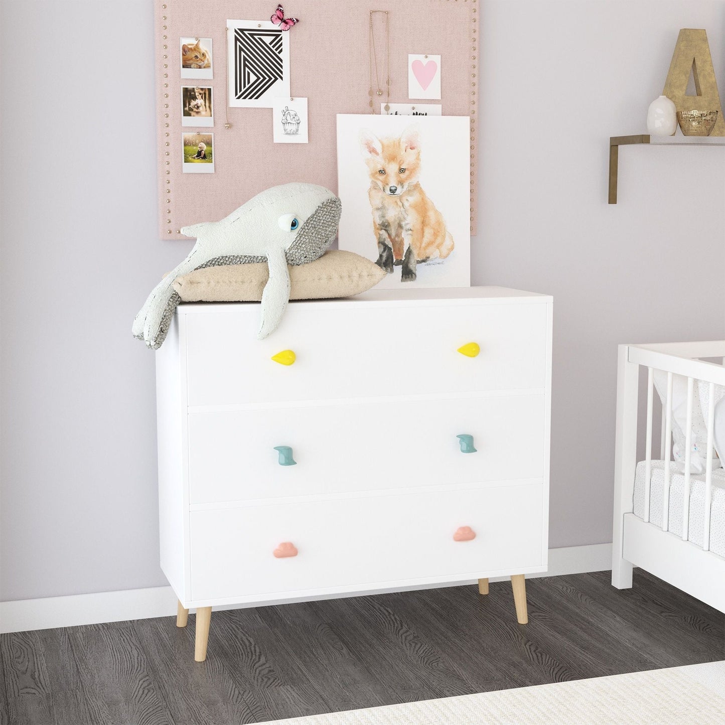 3-Drawer Dresser Storage Cabinet white with pastel knob pulls HouseOfZazla anti-tip safety on Tampa Home & Garden Store