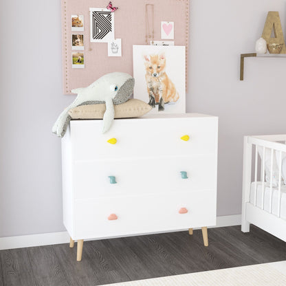 3-Drawer Dresser Storage Cabinet white with pastel knob pulls HouseOfZazla anti-tip safety on Tampa Home & Garden Store