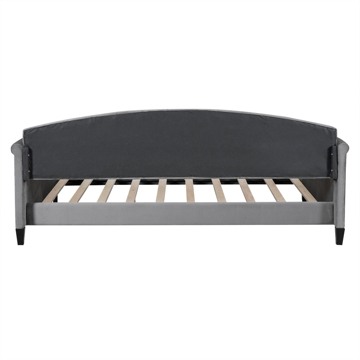 Modern Tufted Button Daybed by HouseOfZazla in dark gray fabric with curved back and wood slats on Tampa Home & Garden Store
