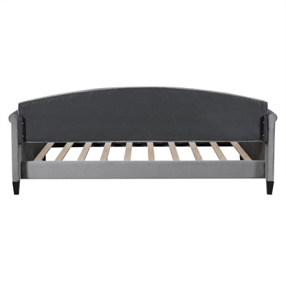 Modern Tufted Button Daybed by HouseOfZazla in dark gray fabric with curved back and wood slats on Tampa Home & Garden Store