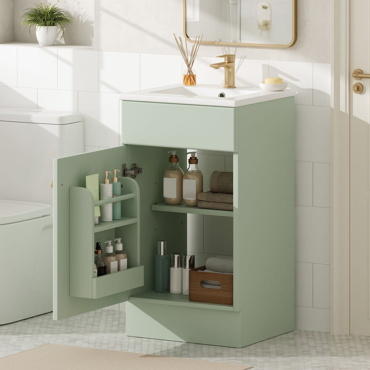 Bathroom vanity in mint green with sink and brass faucet, adjustable shelf; HouseOfZazla on Tampa Home & Garden Store