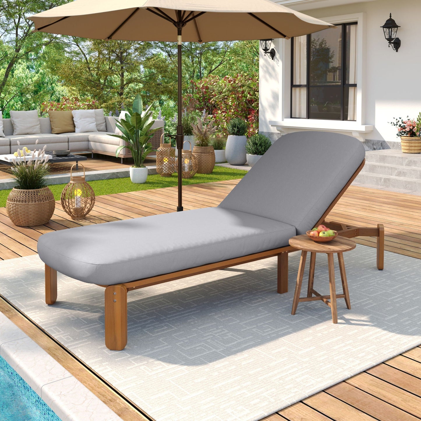 Outdoor chaise lounge with adjustable backrest in gray cushion and wood frame HouseOfZazla on Tampa Home & Garden Store