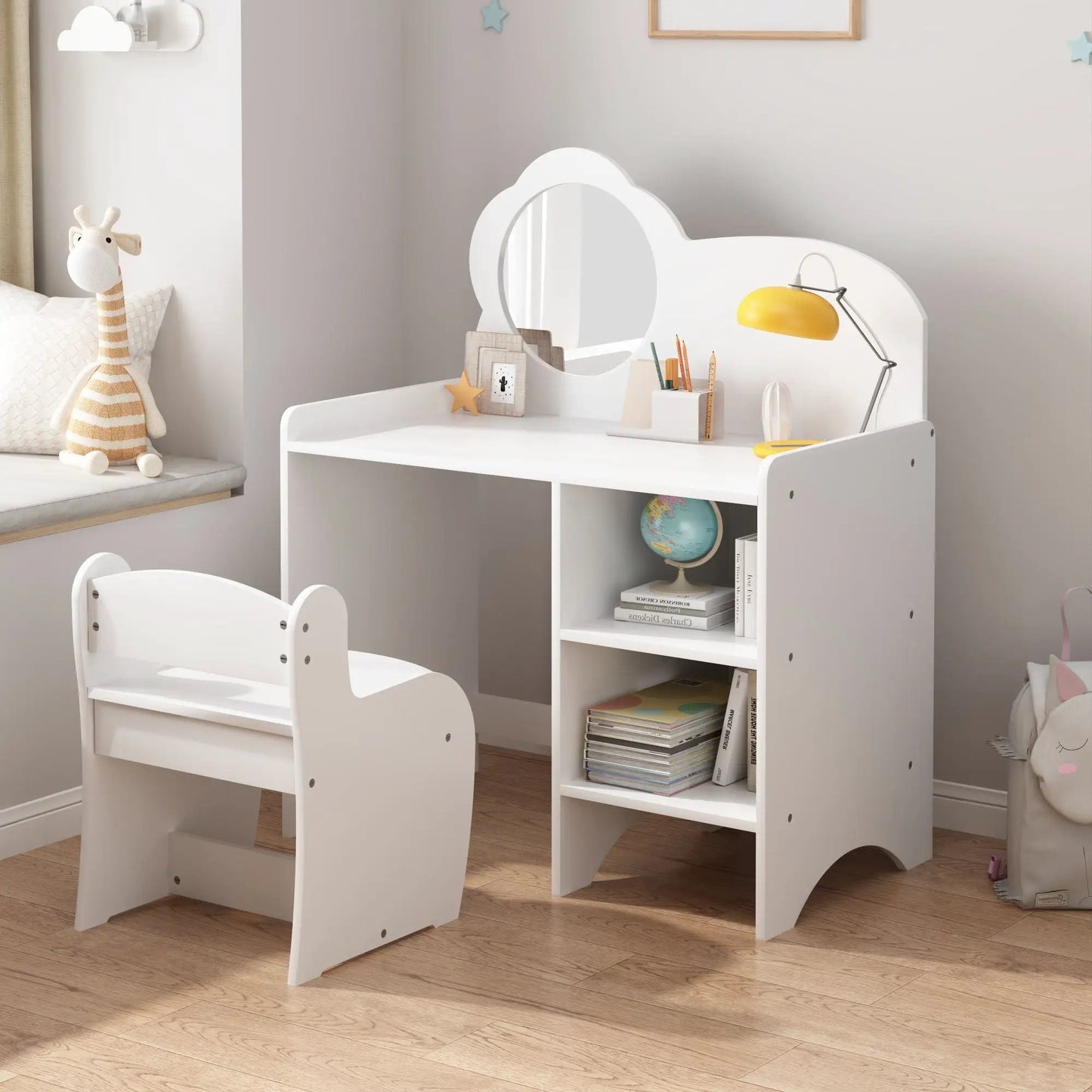 Kids vanity table in white with chair, round mirror, storage shelves on Tampa Home & Garden Store