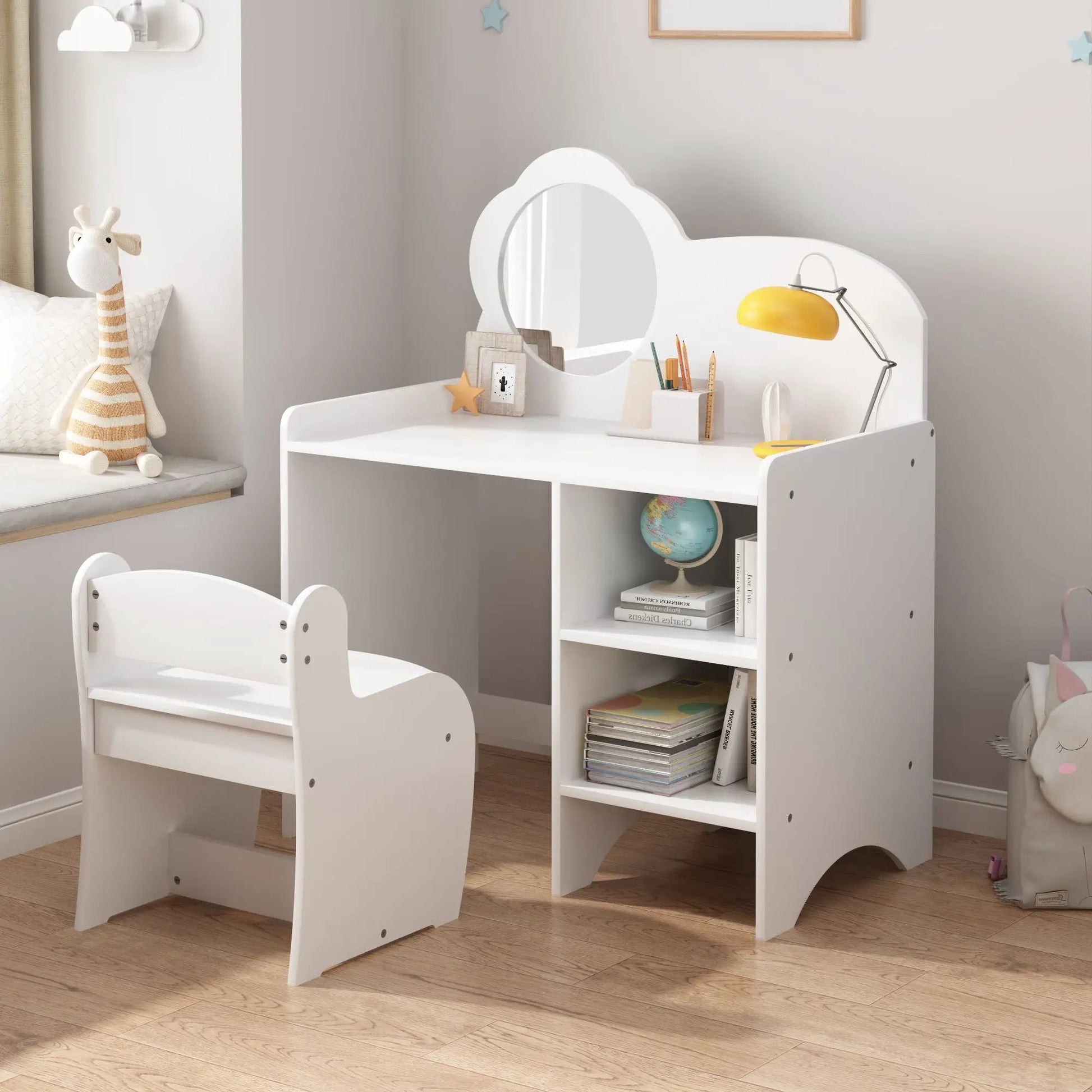 Kids vanity table in white with chair, round mirror, storage shelves on Tampa Home & Garden Store