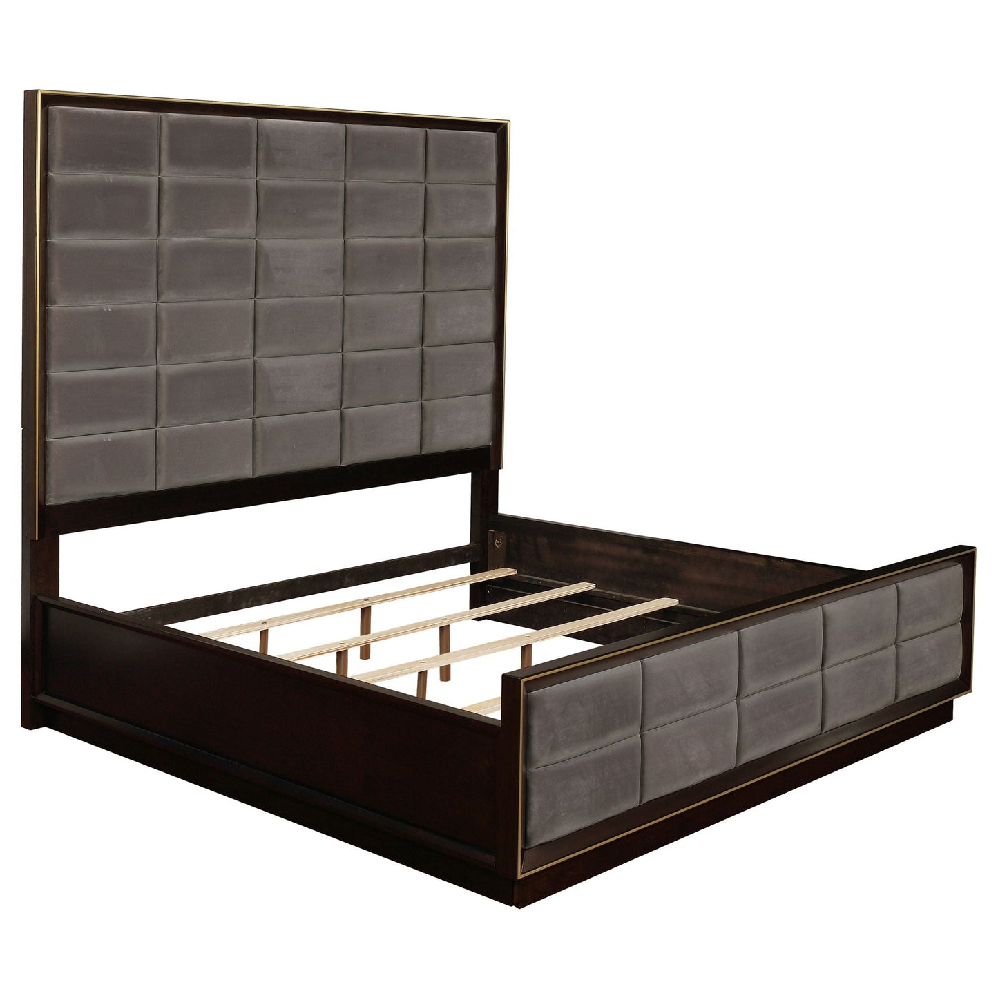 Drea Panel Bed by HouseOfZazla, dark wood frame with tall grid-tufted gray headboard on Tampa Home & Garden Store