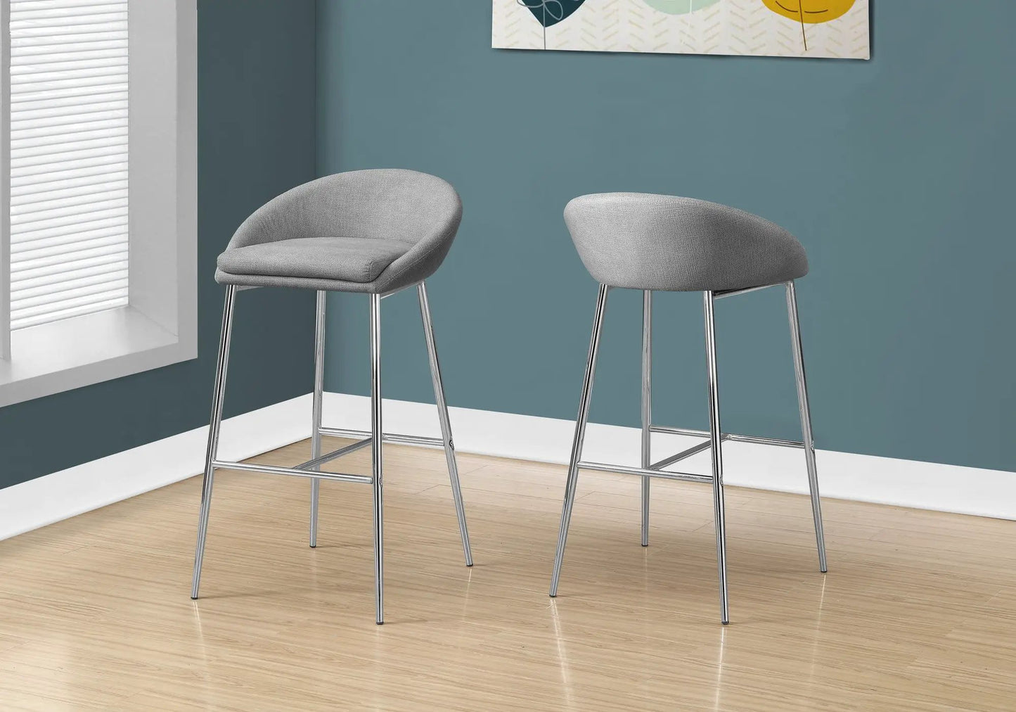 Bar height stools set of 2 in gray fabric with chrome legs, contemporary curved-back design on Tampa Home & Garden Store