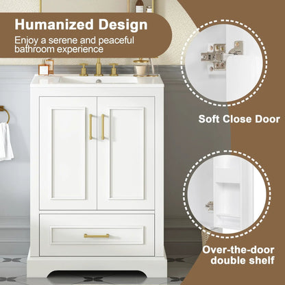 Bathroom vanity with sink, cabinet, brass hardware, 1 divided drawer and 2 softclose doors on Tampa Home & Garden Store