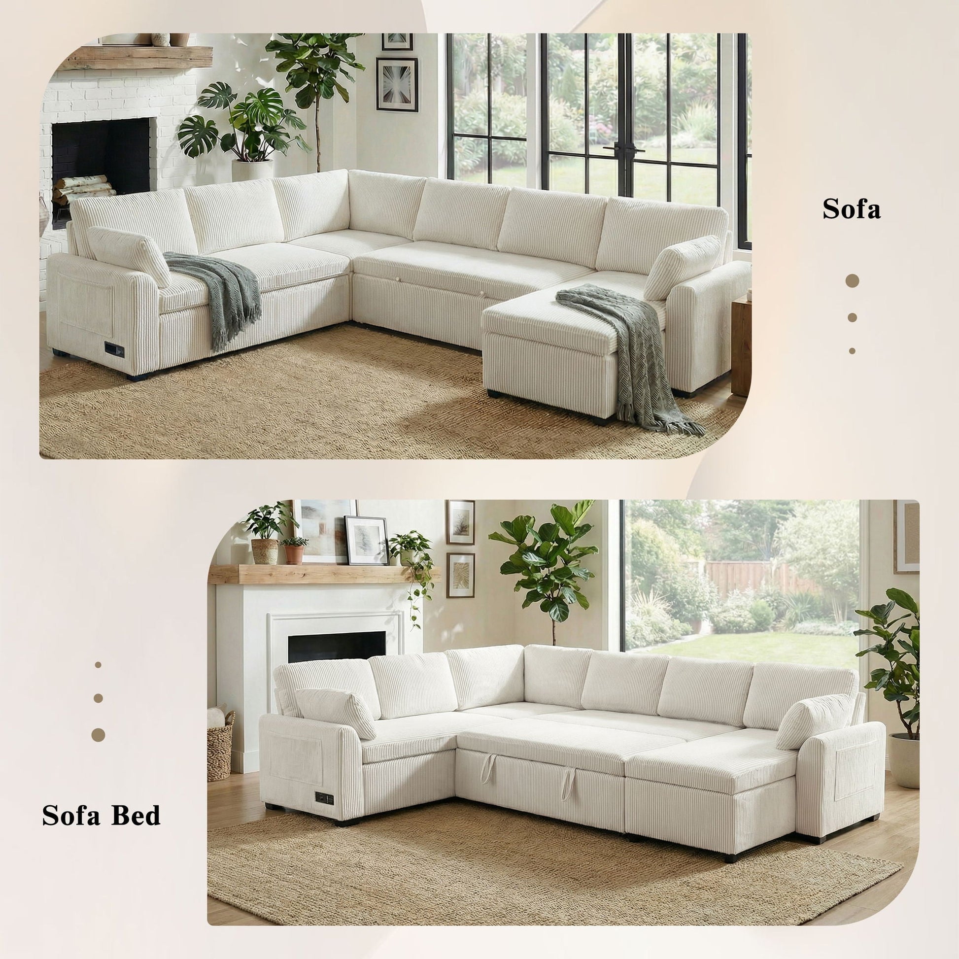 Convertible U-shaped sectional sofa bed with reversible chaise in cream ribbed fabric on Tampa Home & Garden Store