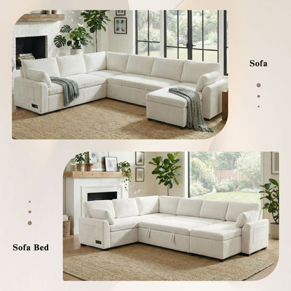 Convertible U-shaped sectional sofa bed with reversible chaise in cream ribbed fabric on Tampa Home & Garden Store