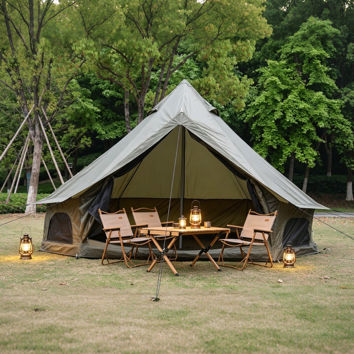 Oxford Bell Tent 13.1ft by GemGear with stove jack, olive canvas for family camping on Tampa Home & Garden Store