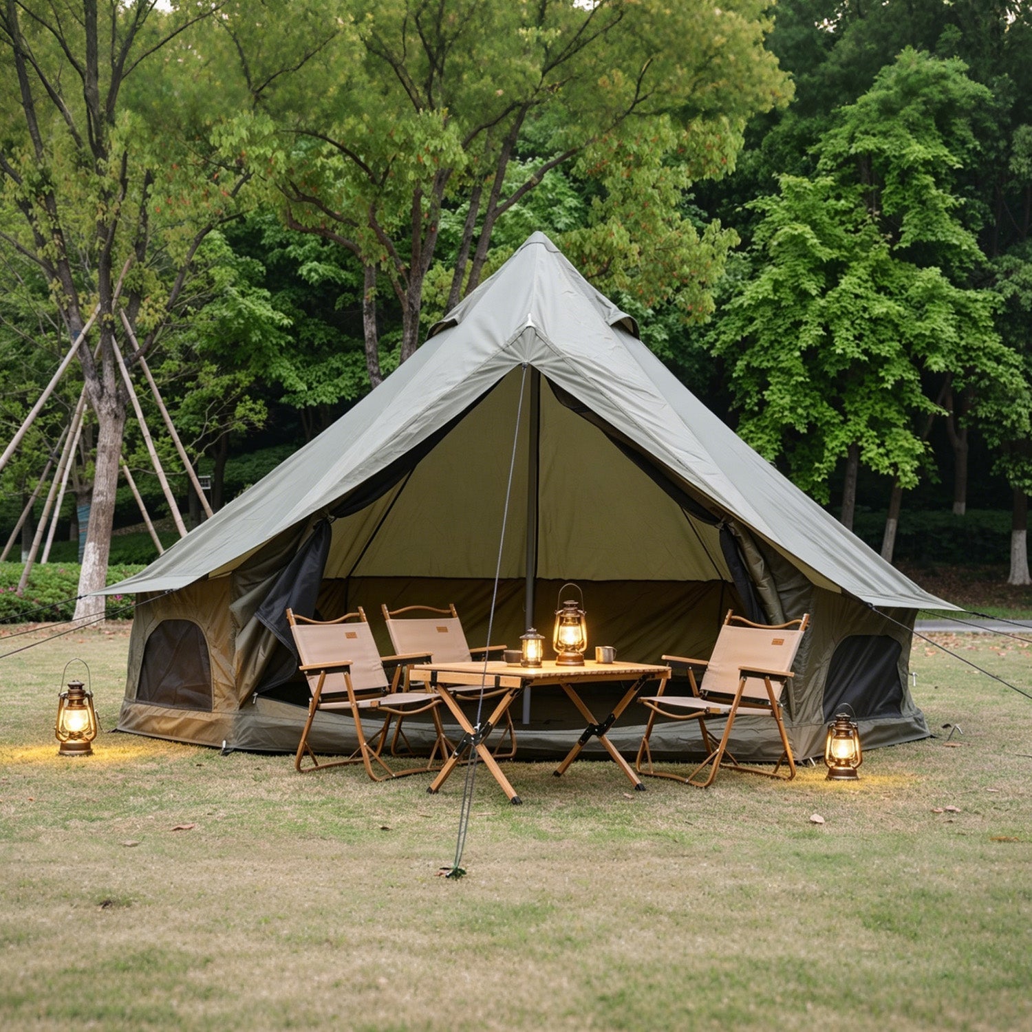 Oxford Bell Tent 13.1ft by GemGear with stove jack, olive canvas for family camping on Tampa Home & Garden Store