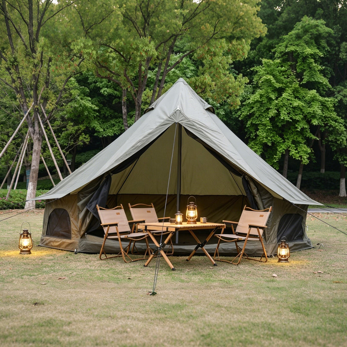 GemGear Oxford Bell Tent 13.1ft with stove jack, olive canvas, outdoor dining setup on Tampa Home & Garden Store