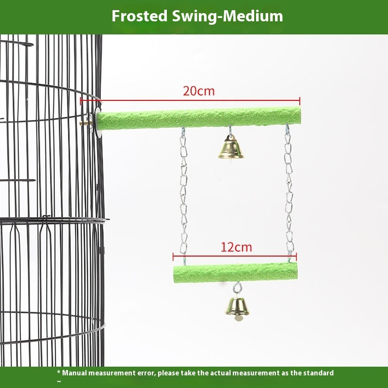 Parrot Solid Wood Stand Rod Swing Grinding Claw Toy, green fuzzy bars with bells and chains on Tampa Home & Garden Store