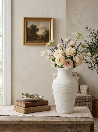 Rustic white terracotta tall vase with ribbed texture holding peonies, roses, and lavender on Tampa Home & Garden Store