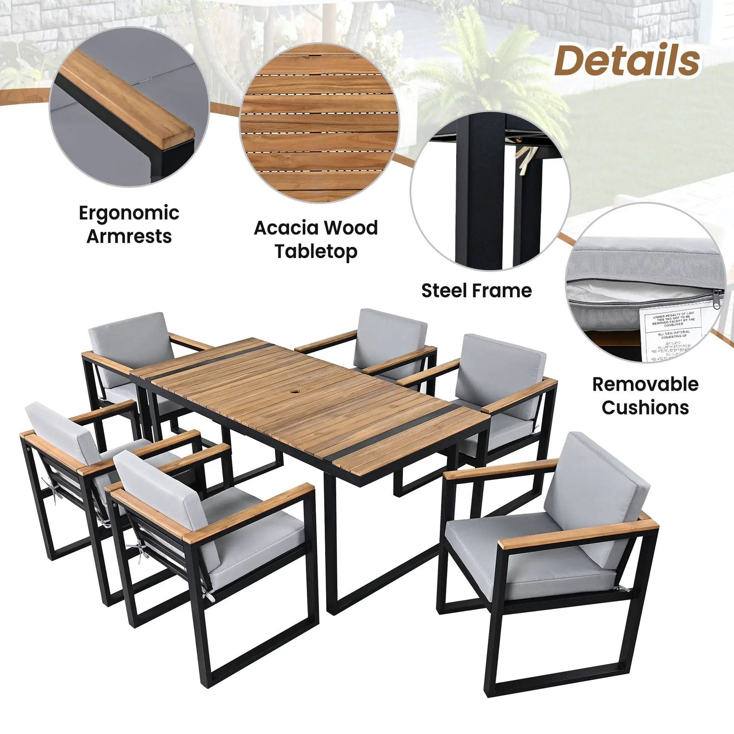 7 Piece Outdoor Dining Set acacia wood, steel frame, removable cushions on Tampa Home & Garden Store