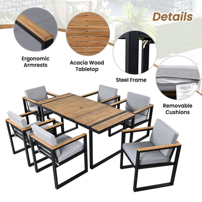 7 Piece Outdoor Dining Set acacia wood, steel frame, removable cushions on Tampa Home & Garden Store