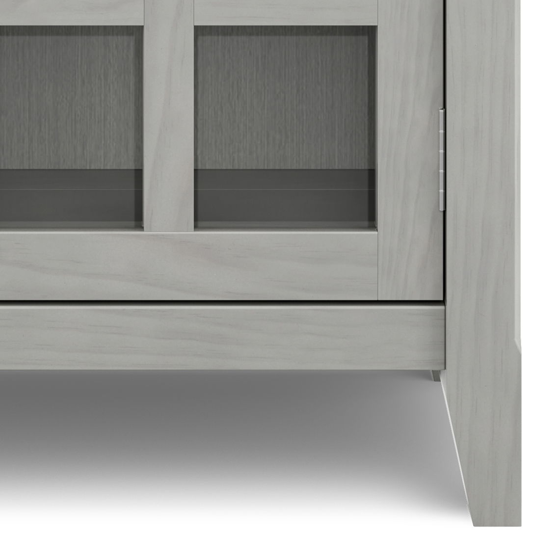 Acadian handcrafted entryway storage cabinet in light gray wood with glass panel doors on Tampa Home & Garden Store