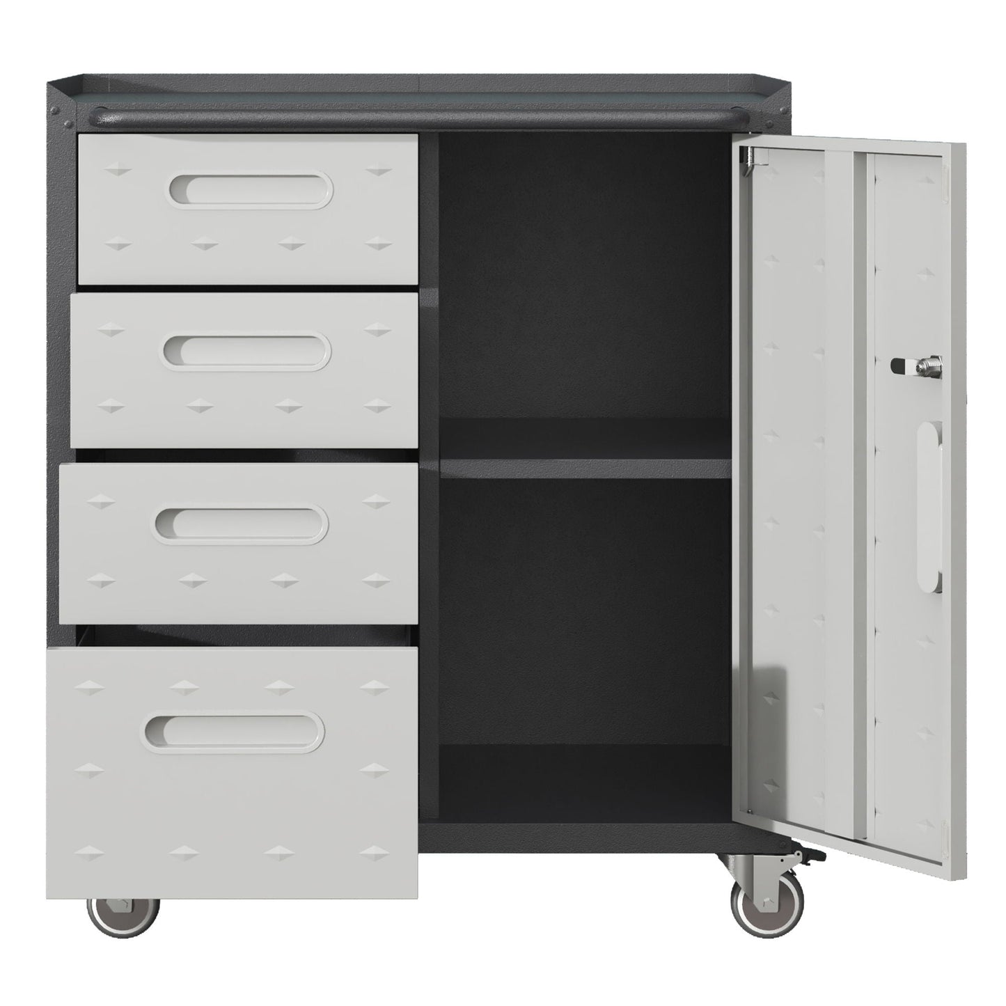 Sturdy metal tool storage cabinet with wheels by HouseOfZazla; gray drawers, black interior on Tampa Home & Garden Store