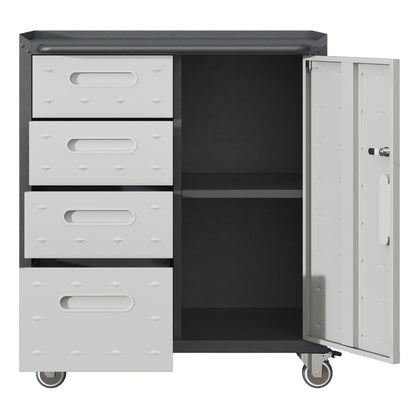 Sturdy metal tool storage cabinet with wheels by HouseOfZazla; gray drawers, black interior on Tampa Home & Garden Store
